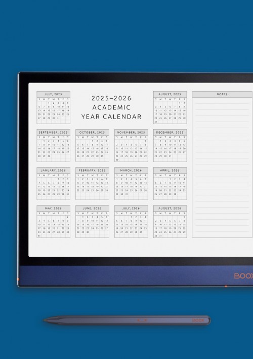 Horizontal Academic Year Calendar Template for Onyx BOOX