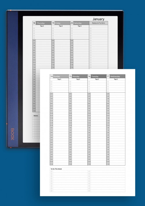 Weekly hourly planner dated template for BOOX Note