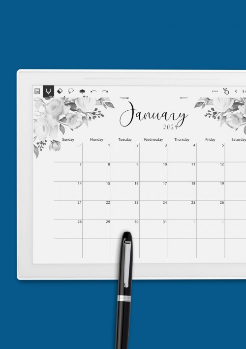 Floral Design Monthly Calendar Template for Supernote