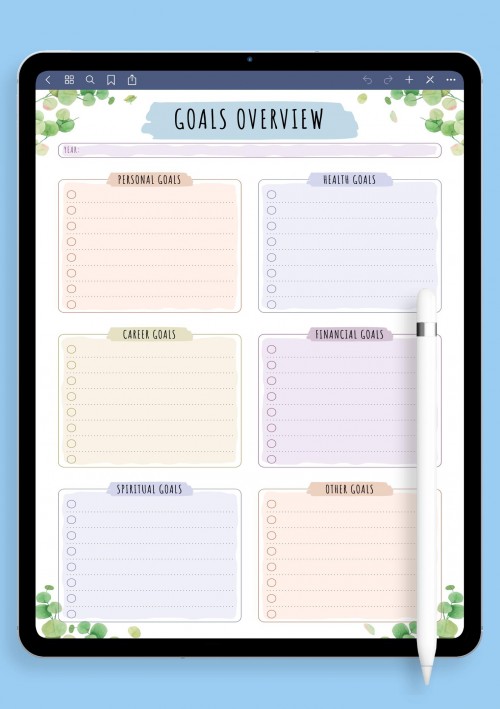 Goals Overview Template - Floral Style for iPad