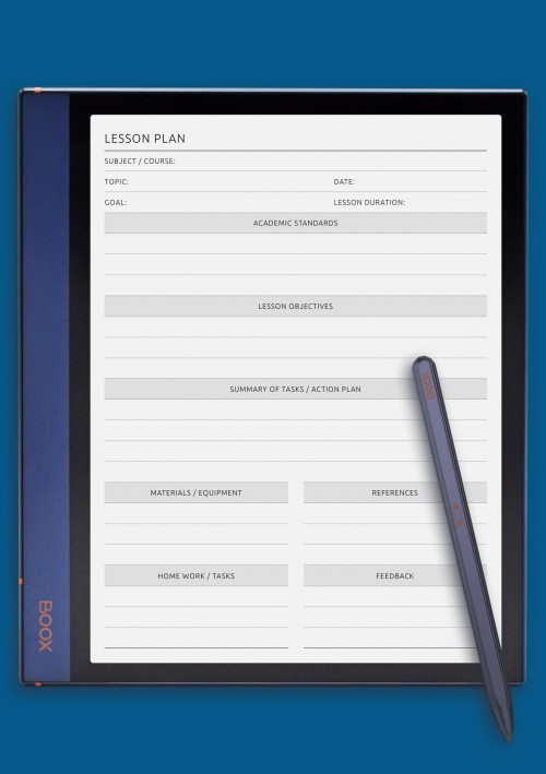 Lesson Plan with Academic Standards template for BOOX Note