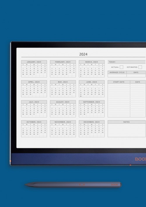 Horizontal Menstrual Cycle Calendar Template for Onyx BOOX