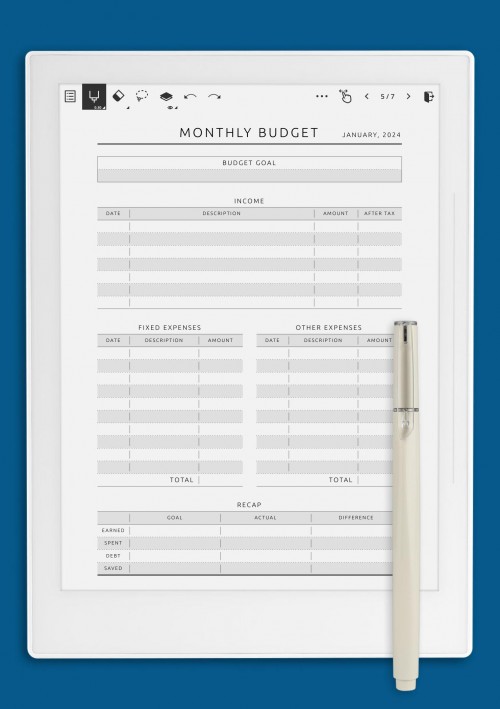 Minimal Monthly Budget Tracker Template for Supernote A6X