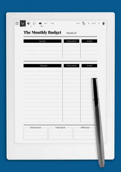 Supernote A5X Monthly budget with income and spent difference template