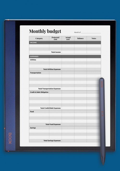 Monthly budget with total expense sections template for BOOX Note