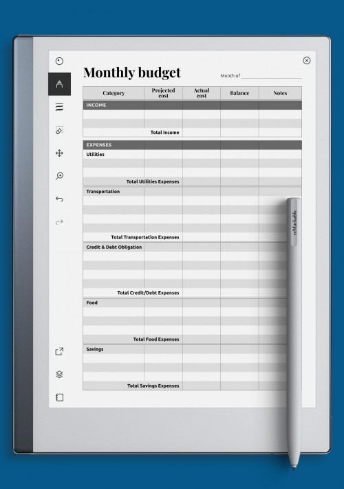 reMarkable Monthly Budget With Total Expense Sections