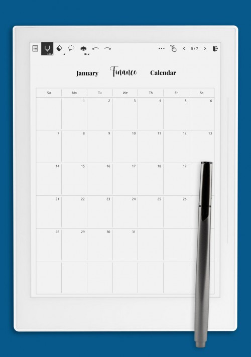 Supernote A5X Monthly Finance Calendar Template