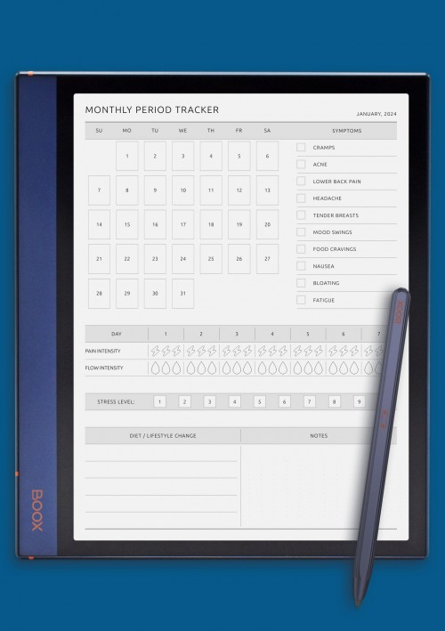 Monthly Period Tracker Template for BOOX Note