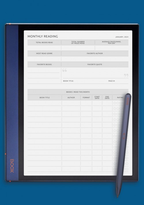 Monthly Reading Template for BOOX Tab