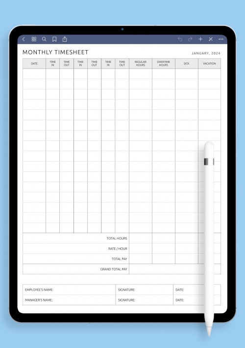 Monthly Timesheet With Two Breaks Template for iPad & Android