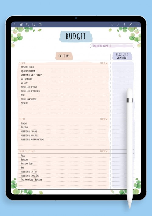 GoodNotes Party Budget Template - Floral Style