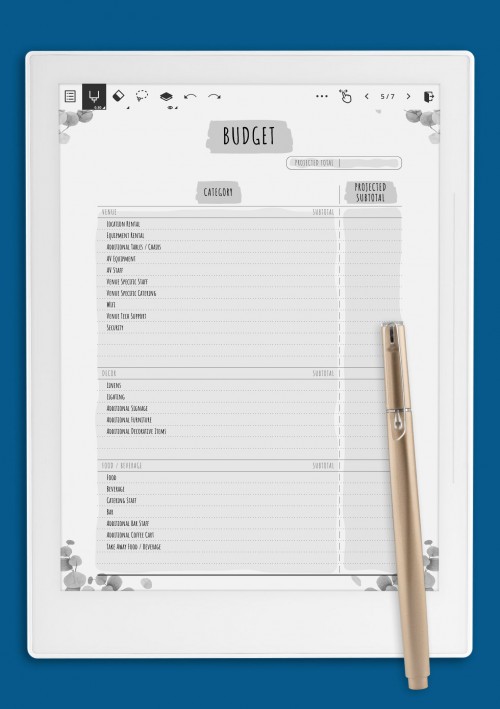 Supernote Party Budget Template - Floral Style