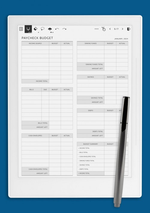 Supernote A6X Paycheck Budget with Cash Envelopes