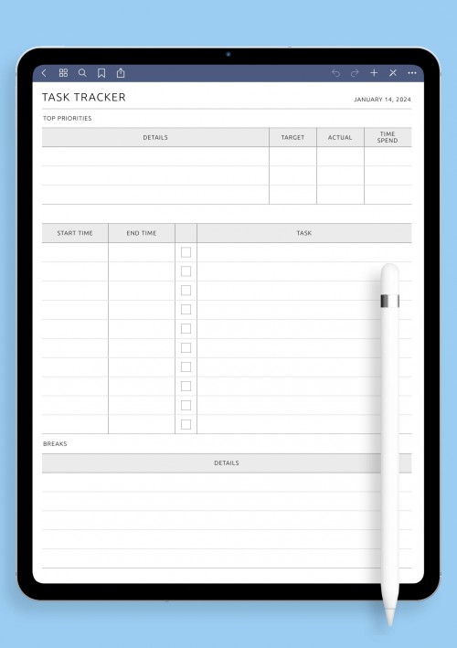 Pomodoro Task Tracker Template for GoodNotes