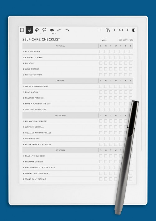 Self-Care Checklist template for Supernote