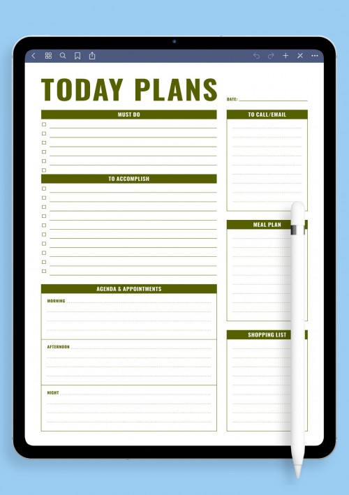 Today Plans with Agenda, Appointments Template for iPad & Android