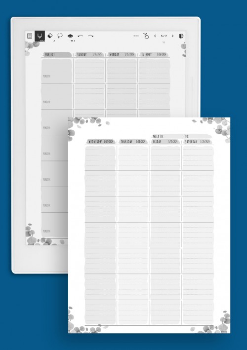 Week Lesson Plan - Floral Style - Full Week template for Supernote