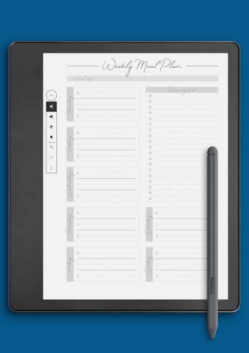 Weekly Meal Plan and Shopping List Template for Kindle Scribe