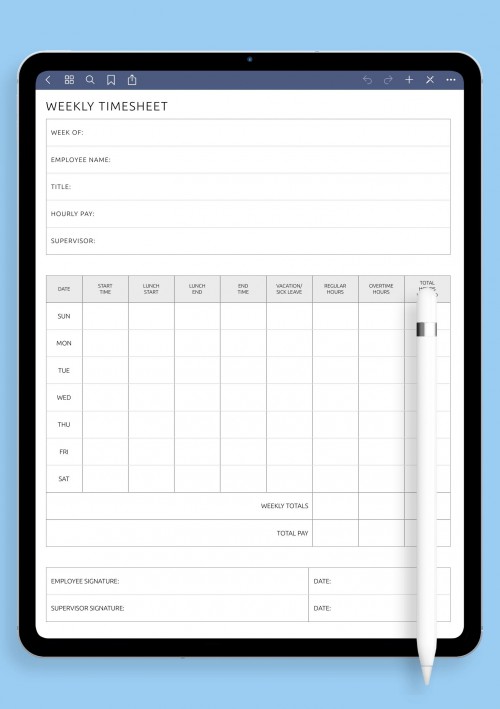 Weekly Timesheet Template for GoodNotes